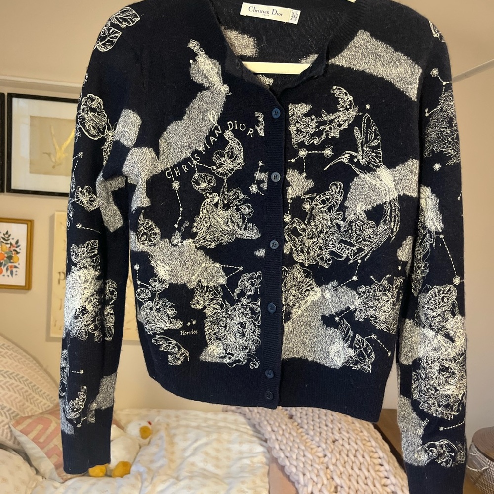 Dior Black and White Embroidered Cashmere Cardigan